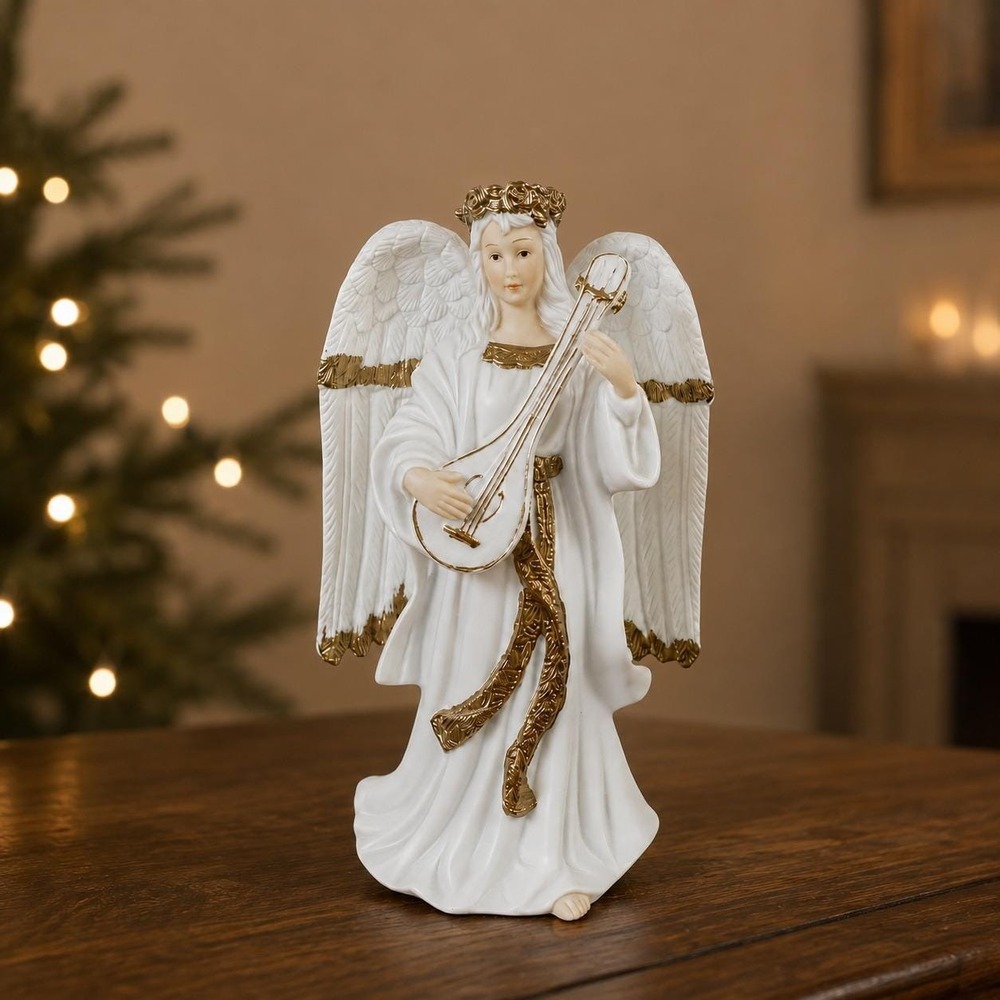 Vintage Traditions Porcelain Angel Figurine - Boxed Gold Accent Mandolin Decor